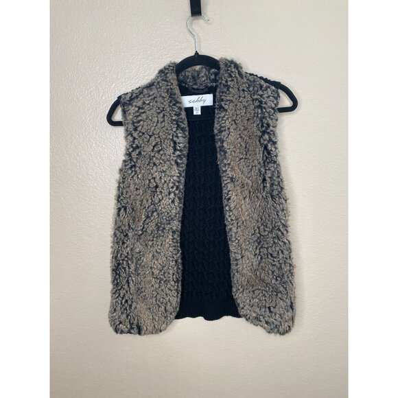 Sebby Womens Faux Fur Open Front Vest Black Brown Cable Knit Back S Polyester - Picture 2 of 7